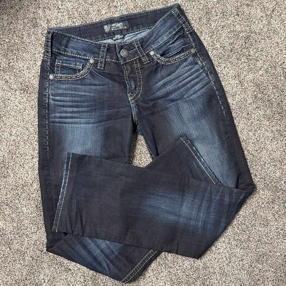 Dark Wash Silver Suki Baby Boot Jeans, 26/29.5”